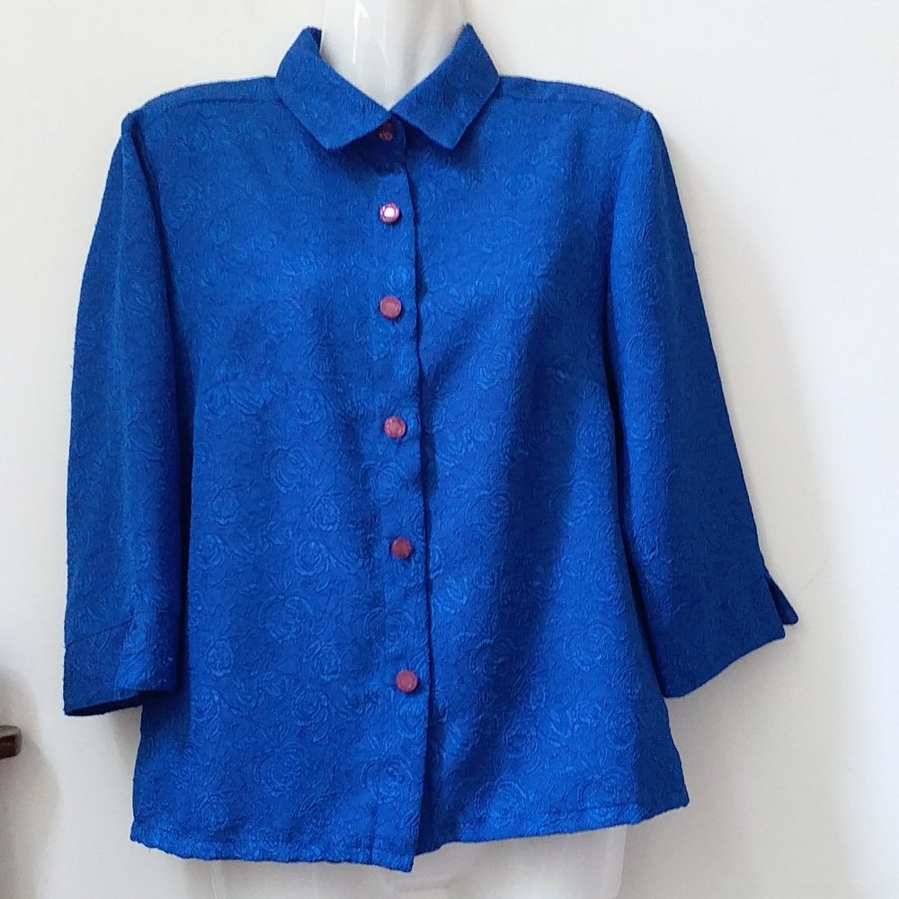 Appleseeds Womens Button Front Shirt Size 4P Blue 3/4 Sleeve Floral Career Work